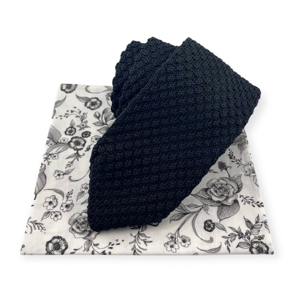 Men’s Black Knit Necktie & White Floral Pocket Square